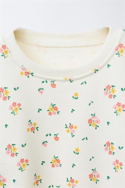 Kız Çocuk Pamuklu Ekru Çiçek Desenli Sweatshirt İspanyol Paça Tayt Takım