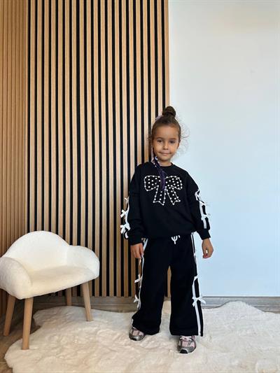 Kız Çocuk Pamuklu Siyah Fiyonklu İncili Şerit Detaylı Eşofman Takım