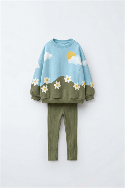 Kız Çocuk Pamuklu Papatya Desenli Mavi Sweatshirt ve Tayt Takımı