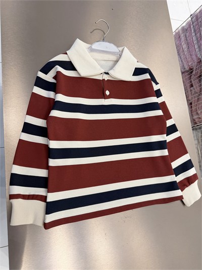 Çocuk Pamuklu Bordo Lacivert Çizgili Polo Yaka Sweatshirt