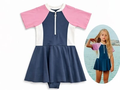 Kız Çocuk Pamuklu Lacivert Pembe Fermuarlı Etekli Mayo Elbise