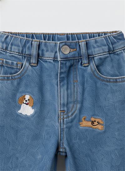 Erkek Çocuk Pamuklu Mavi Kot Pantolon – Köpek Nakışlı