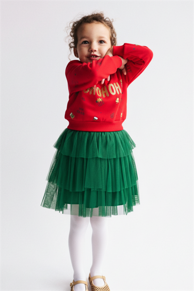 Kız Çocuk Pamuklu Kırmızı Sweatshirt ve Yeşil Tül Etek Takım - Yılbaşı Konseptli