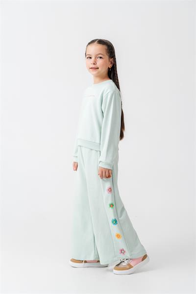 Kız Çocuk Pamuklu Mint Yeşil Çiçek Nakışlı Sweatshirt ve Eşofman Takım