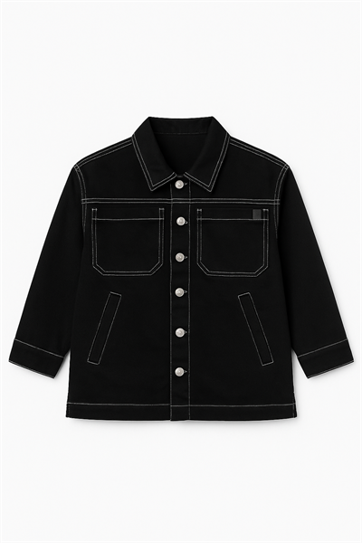 Kız Çocuk Kot  Siyah Kontrast Dikişli Cepli Düğmeli Ceket