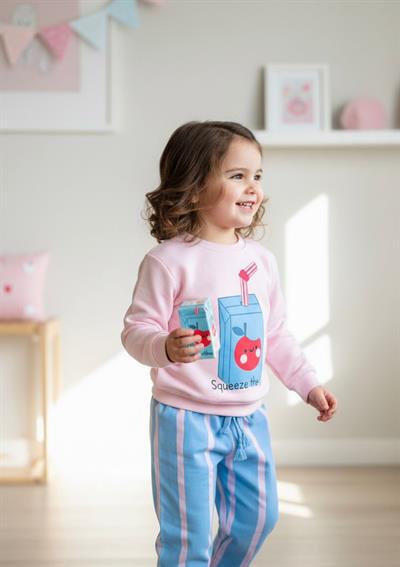 Kız Çocuk Pamuklu Pembe Squeeze The Day Baskılı Eşofman Takımı - Çizgili Alt Model