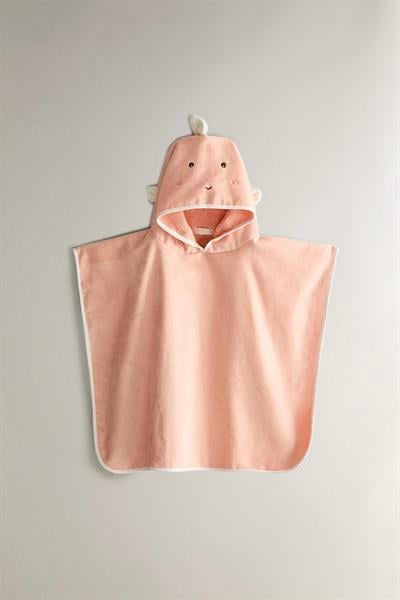 Pamuklu Somon Kapüşonlu Çocuk Ponço Havlu - Sevimli Yüz Desenli