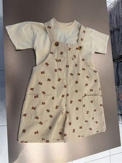 Unisex Çocuk Pamuklu Ekru Ayıcık Desenli Salopet Takım - Kısa Kollu Tişörtlü 2li Set