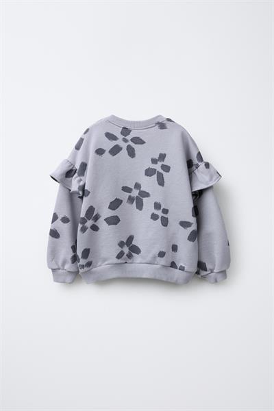 Kız Çocuk Pamuklu Gri Çiçek Desenli Sweatshirt ve Tayt Takım - Rahat Kesim, Fırfır Detaylı