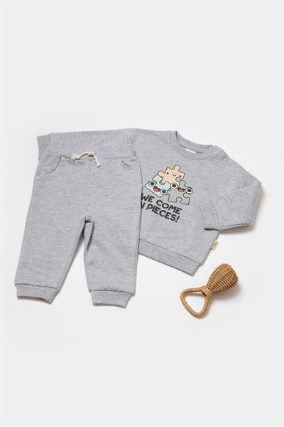 Unisex Bebek Pamuklu Gri Puzzle Baskılı İkili Takım
