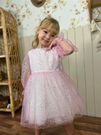Kız Çocuk Pamuklu Pembe Parıltılı Parti ve Özel Gün Elbisesi – Rahat Astarlı Tasarım