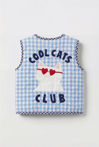 Unisex Çocuk Pamuklu Mavi Pötikare Kedi Aplikeli Kapitone Yelek - Cool Cats Club