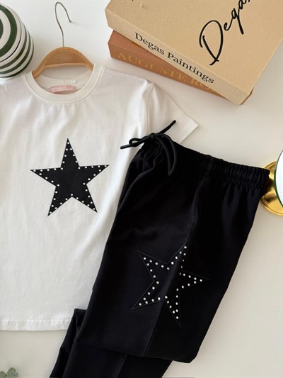Kız Çocuk Pamuklu Beyaz Yıldız Aplikeli T-Shirt Pantolon Takım