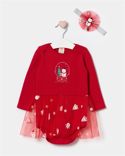 Kız Bebek Pamuklu Kırmızı Kardan Adam Temalı Tül Etekli Body Set - Saç Bandı Aksesuarlı