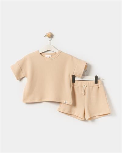 Kız Çocuk Pamuklu  Gofre Dokulu T-shirt Şort Takım