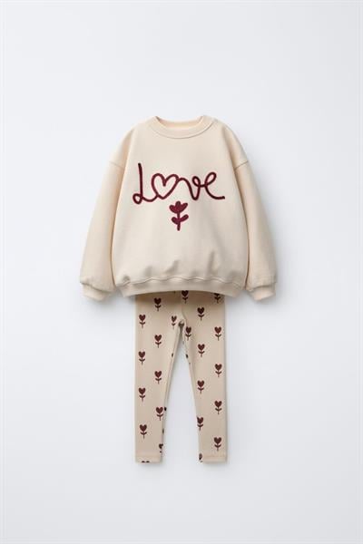 Kız Çocuk Pamuklu Krem Kalp-Çiçek Desenli Sweatshirt & Tayt Takım