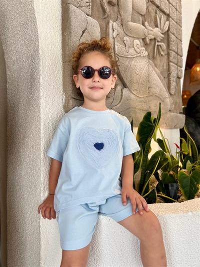Kız Çocuk Pamuklu Açık Mavi Kalp Desenli Şortlu Takım - Laciel Paris Yazılı