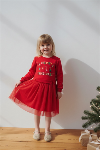 Kız Çocuk Pamuklu Kırmızı Yeni Yıl Temalı Tüllü Elbise - Merry Christmas Baskılı
