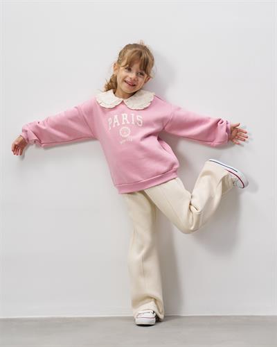 Kız Çocuk Pamuklu Pembe Paris Baskılı Dantel Yaka Sweatshirt Ekru Pantolon Takım