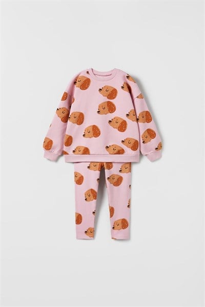Kız Çocuk Pamuklu Köpek Desenli Pembe Sweatshirt ve Tayt Takımı