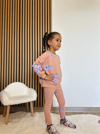 Kız Çocuk Pamuklu Somon Çiçek Desenli Sweatshirt ve Tayt Eşofman Takım