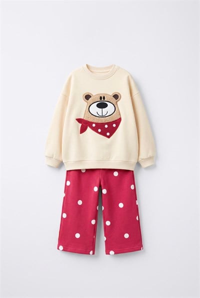 Çocuk Ayıcık Nakışlı Ekru Sweatshirt ve Kırmızı Puantiyeli Eşofman Takımı