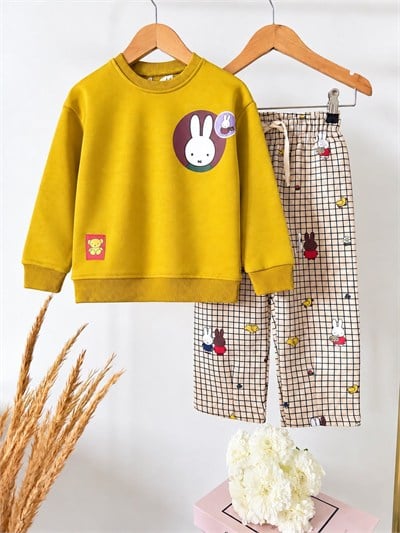 Çocuk Pamuklu Tavşan Baskılı Hardal Sweatshirt ve Desenli Eşofman Takımı