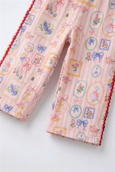 Kız Çocuk Pamuklu Tavşan Desenli Pembe Çizgili Pantolon