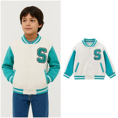 Unisex Çocuk Pamuklu Beyaz Turkuaz Kolej Ceket - Harf Aplikeli Bomber Mont