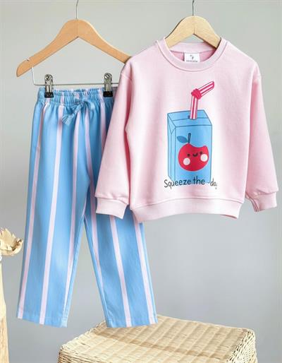 Kız Çocuk Pamuklu Pembe Squeeze The Day Baskılı Eşofman Takımı - Çizgili Alt Model