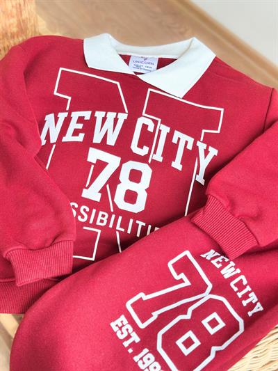 Kız Çocuk Pamuklu Bordo New City 78 Baskılı Eşofman Takımı - Rahat Kalıp