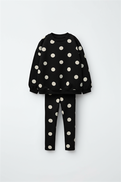 Kız Çocuk Pamuklu Siyah Puantiye Desenli Sweatshirt Tayt Alt-Üst Takım