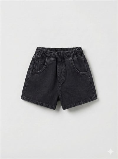 Unisex Çocuk Pamuklu Siyah Jean Şort - Elastik Belli Cepli