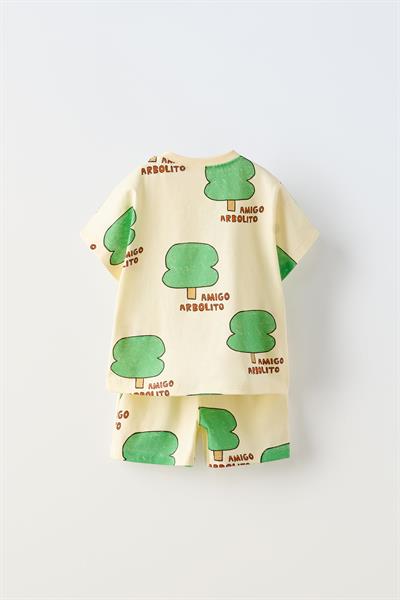 Unisex Çocuk Pamuklu Sarı Ağaç Desenli T-shirt ve Şort Takım – Yazlık 2li Set