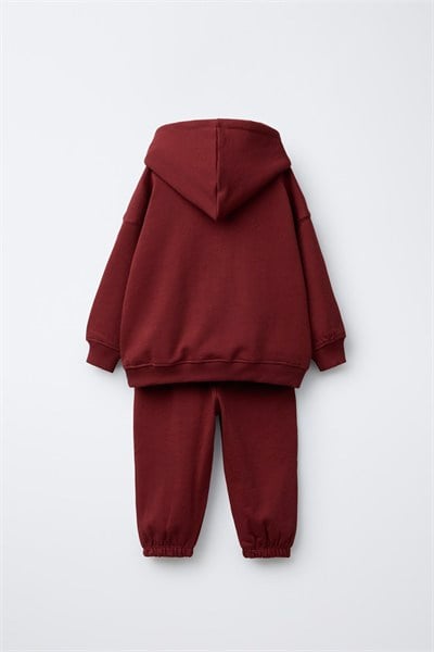 Çocuk Pamuklu Kapüşonlu Bordo Sweatshirt ve Eşofman Altı Takımı