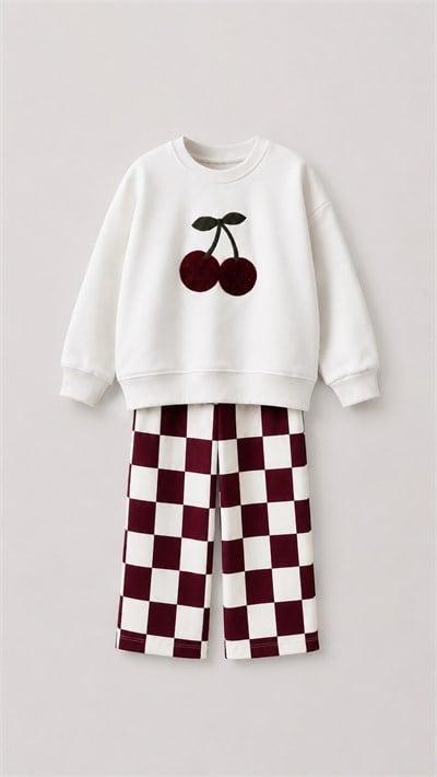 Kız Çocuk Kiraz Nakışlı Ekru Sweatshirt ve Dama Desenli Eşofman Takımı