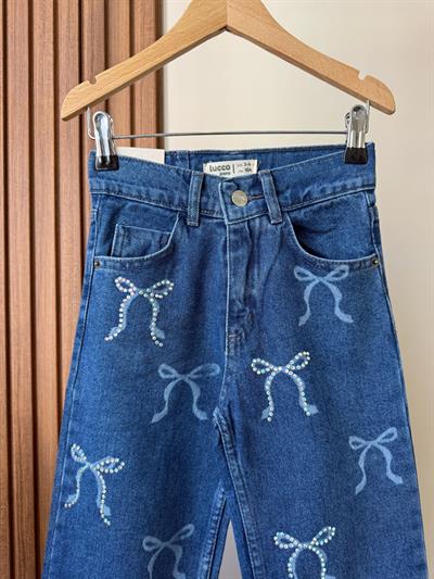 Kız Çocuk Mavi Denim Fiyonk Desenli Pantolon