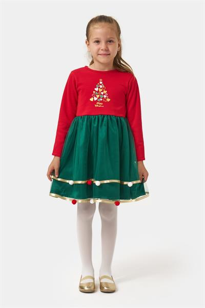 Kız Çocuk Pamuklu Kırmızı Noel Ağacı Desenli Elbise - Tüllü ve Ponpon Detaylı Yılbaşı Elbisesi