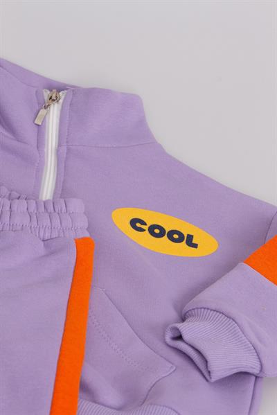 Unisex Çocuk Pamuklu Lila Turuncu Cool Yazılı Zip Eşofman Takımı