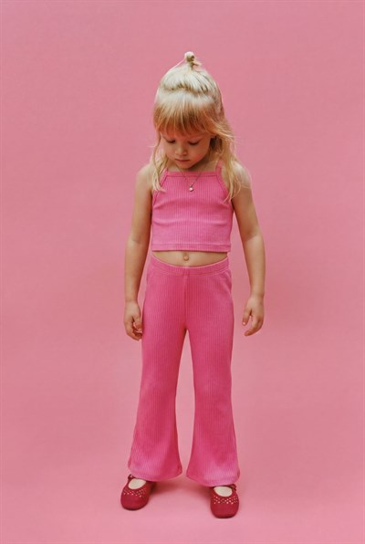 Kız Çocuk Pembe Fitilli Crop Tayt Takım