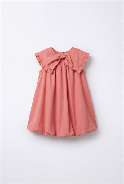 Kız Çocuk Pamuklu Gül Kurusu Fırfır Yakalı Elbise