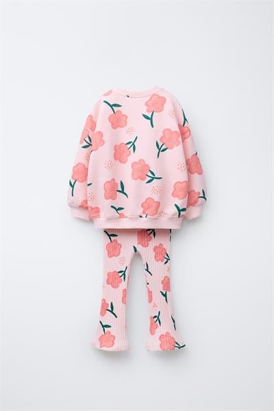 Kız Çocuk Pamuklu Pembe Çiçek Desenli Sweatshirt İspanyol Paça Tayt Takım