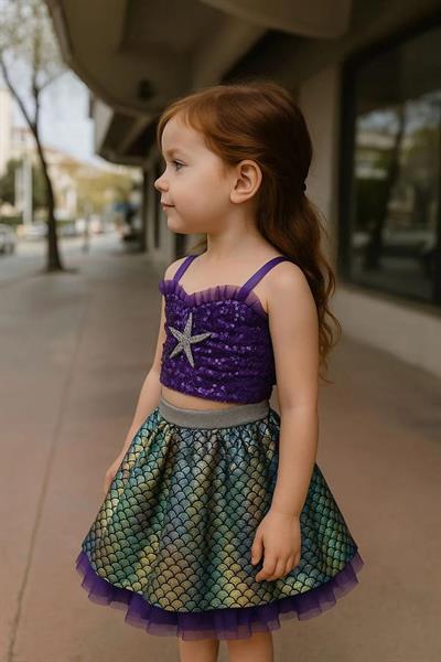 Kız Çocuk Payetli Mor Deniz Kızı Temalı Takım - Askılı Crop ve Pul Detaylı Etek