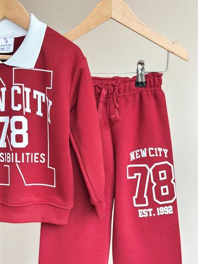 Kız Çocuk Pamuklu Bordo New City 78 Baskılı Eşofman Takımı - Rahat Kalıp