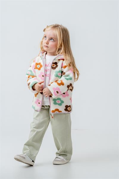 Kız Çocuk Pamuklu Çiçek Desenli Kapüşonlu Polar Ceket - Fermuarlı