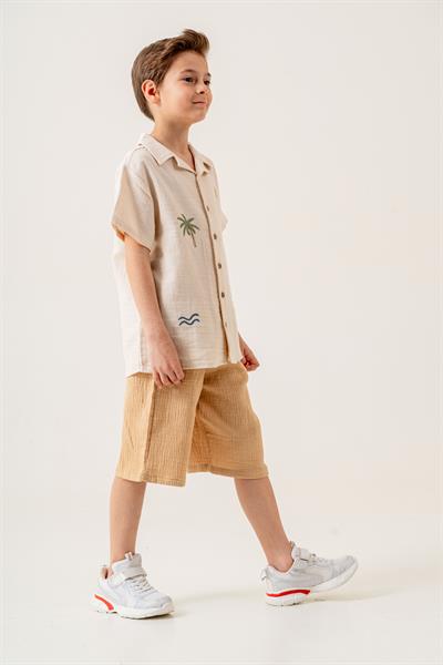 Erkek Çocuk Pamuklu Müslin Palmiye Nakışlı Gömlek ve Karamel Şort İkili Takım