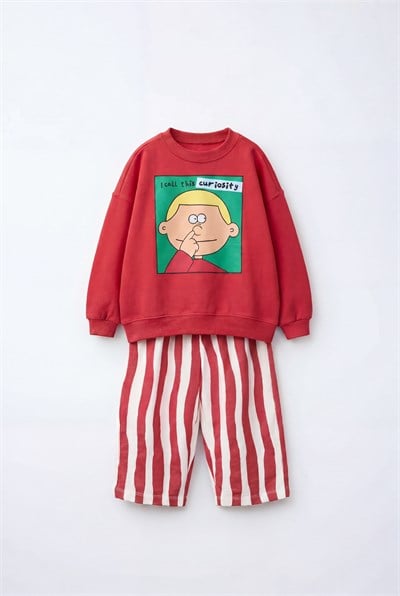 Çocuk Pamuklu Karakter Baskılı Kırmızı Sweatshirt ve Çizgili Eşofman Takımı