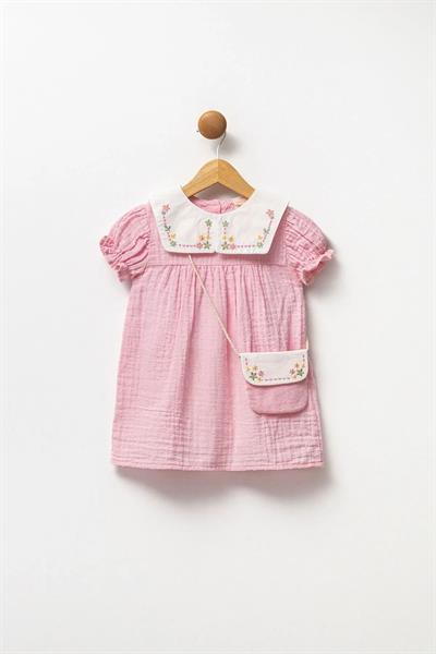 Kız Çocuk Pamuklu Müslin  Çiçek Nakışlı Gömlek Yaka Çantalı Elbise  