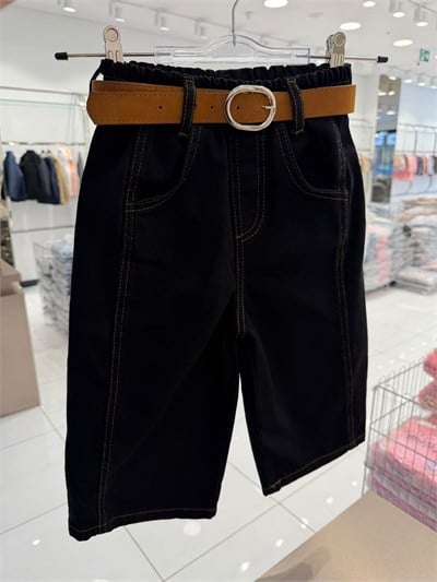 Kız Çocuk Pamuklu Siyah Kemerli Bol Kesim Pantolon