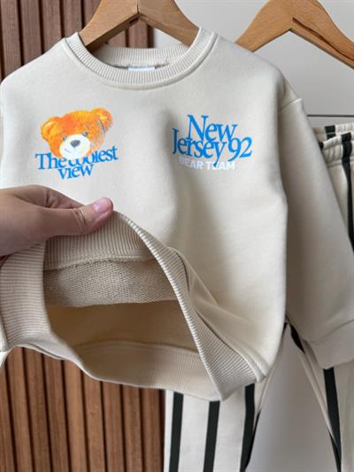 Erkek Çocuk Pamuklu Bej Bear Team Sweatshirt ve Çizgili Eşofman Altı Takım